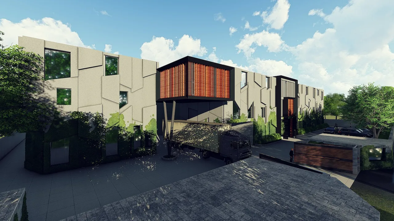 Architectural rendering showing cantilevered timber volume above loading drive, Ambition Apparel, Lahore. LEED Platinum-certified manufacturing facility. Rendering: Ambition Apparel / Designers East.